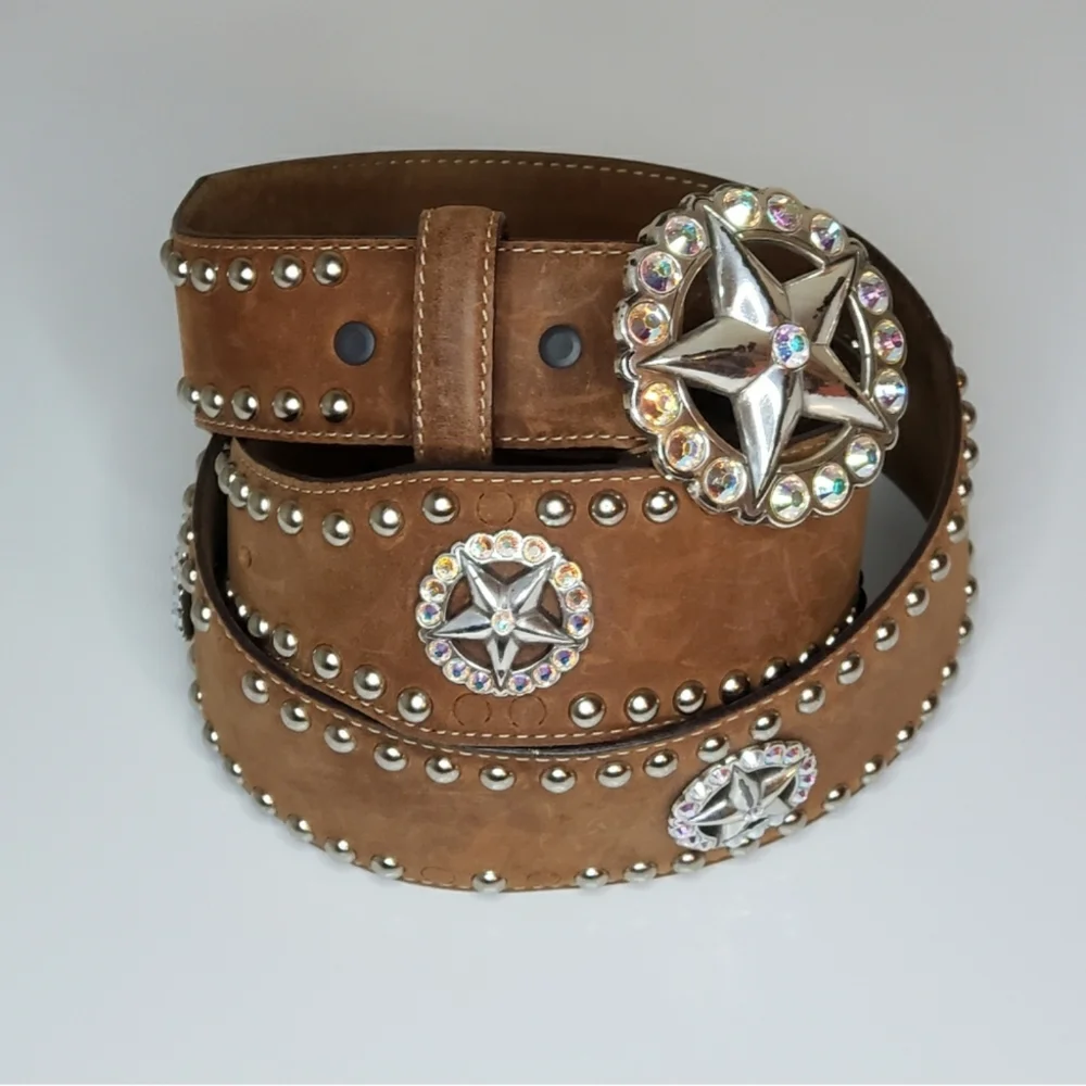 Tony Lama Texas Ranger Star Buckle Leather Western Belt Beaded size 38